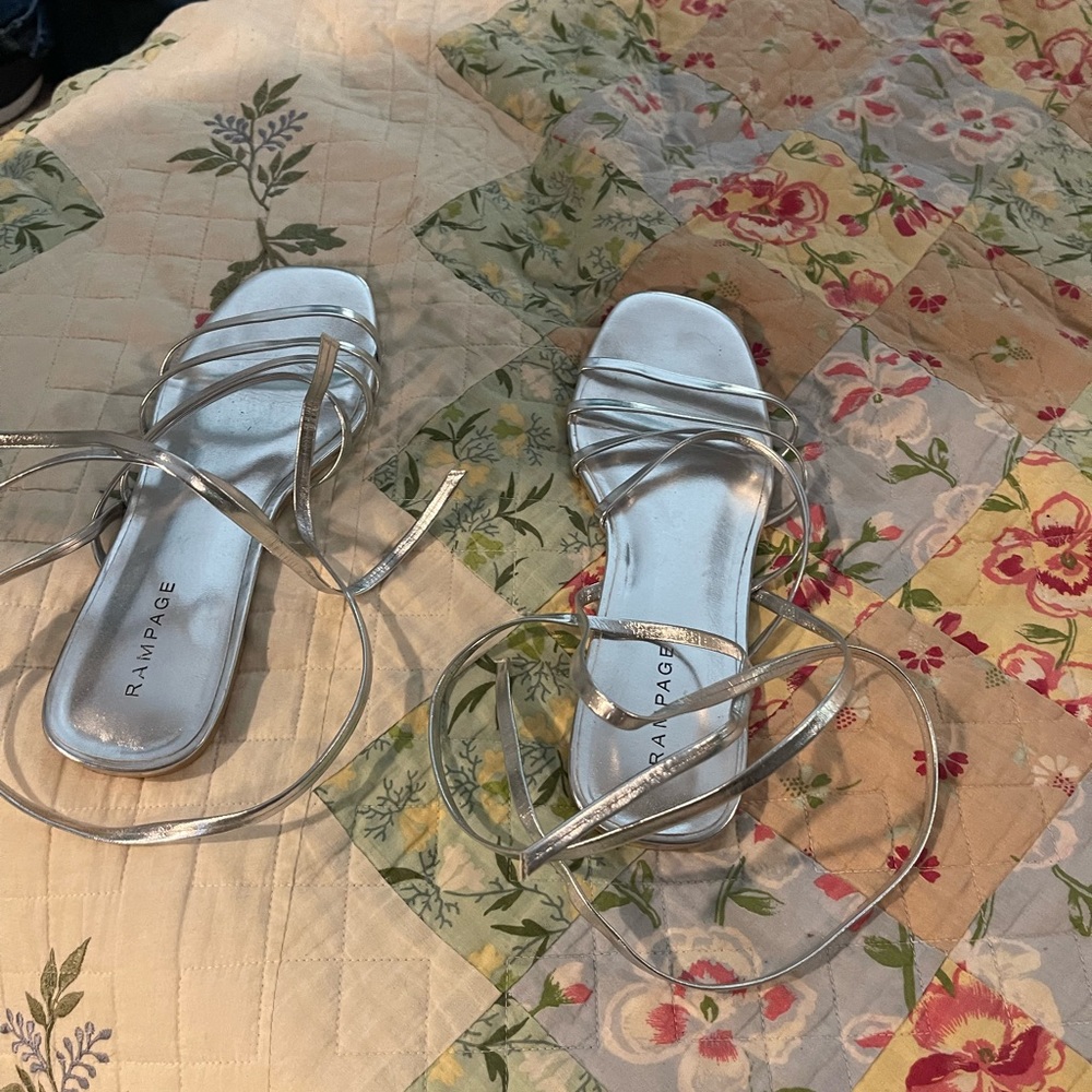 Silver ankle tie sandals worn once